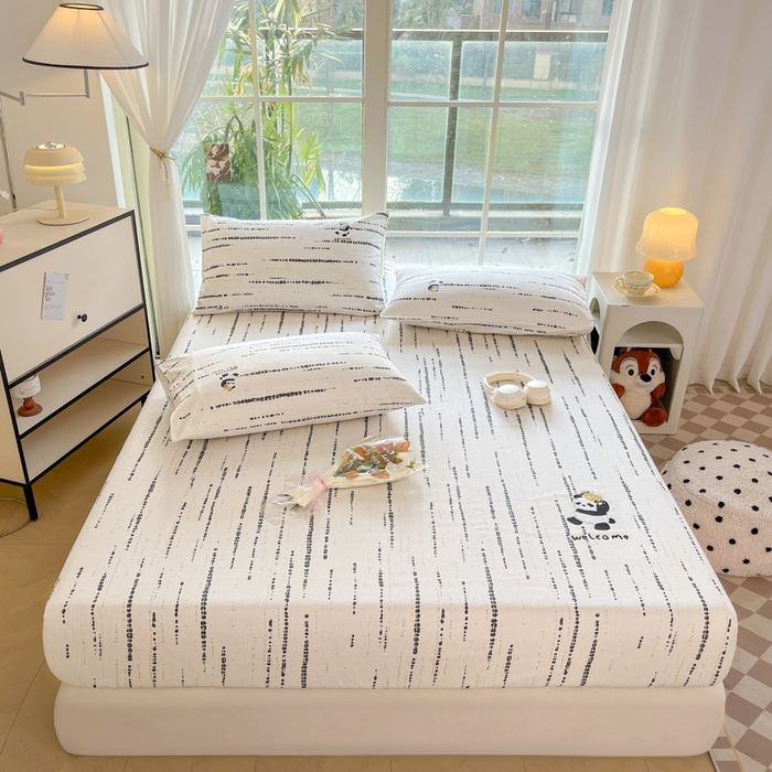 91家纺网 家纺一手货源 找家纺 博雅 2025新款全棉老粗布烫画床笠系列 纹理-香蕉熊猫