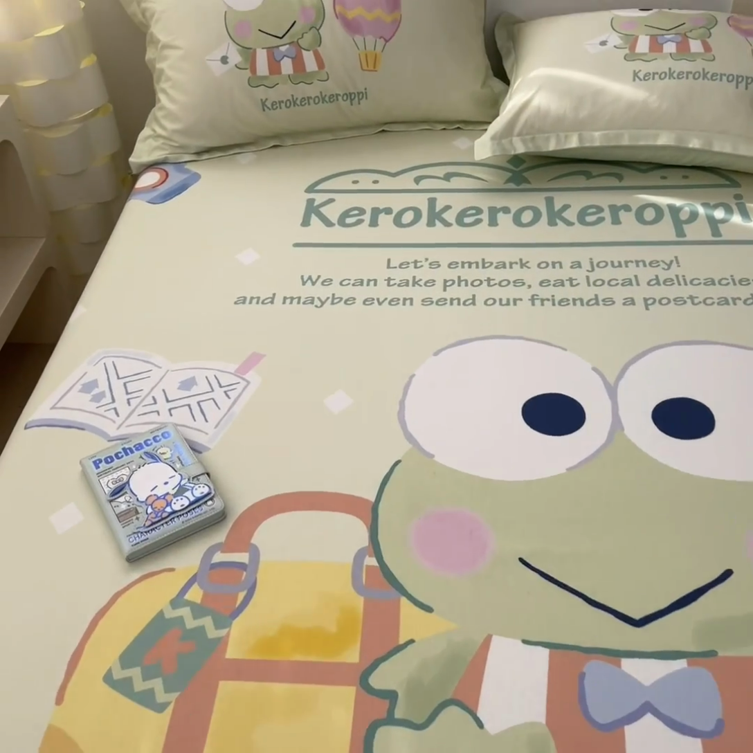 91家纺网 家纺一手货源 找家纺 博雅 2025新款三丽鸥全棉大版床笠-第二批 开心大眼蛙