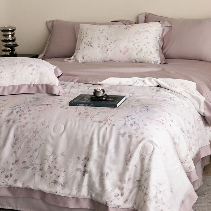 91家纺网 家纺一手货源 找家纺 立奥被业 2025年新款100%莱赛尔夏被莱赛尔夏被四件套天丝夏凉被 繁希-紫