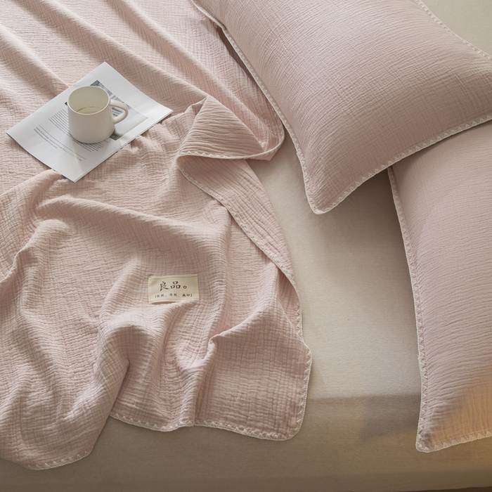 91家纺网 家纺一手货源 找家纺 博雅 2025新款全棉五层纱多功能盖毯 粉色
