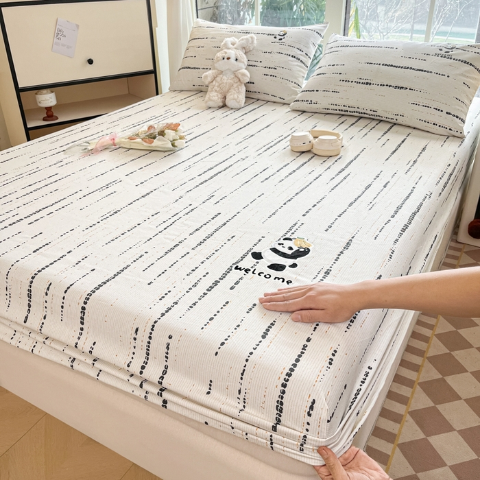 91家纺网 家纺一手货源 找家纺 博雅 2025新款全棉老粗布烫画床笠系列 纹理-香蕉熊猫