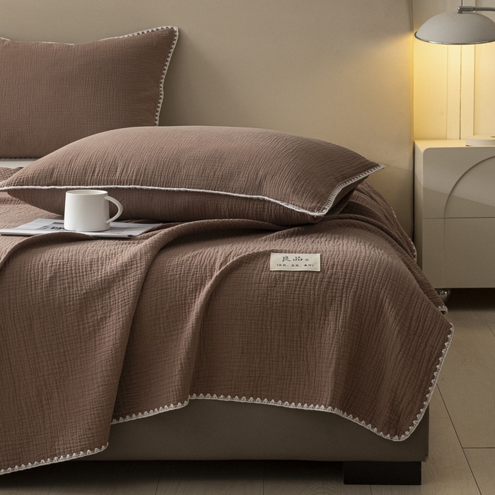 91家纺网 家纺一手货源 找家纺 博雅 2025新款全棉五层纱多功能盖毯 焦糖咖