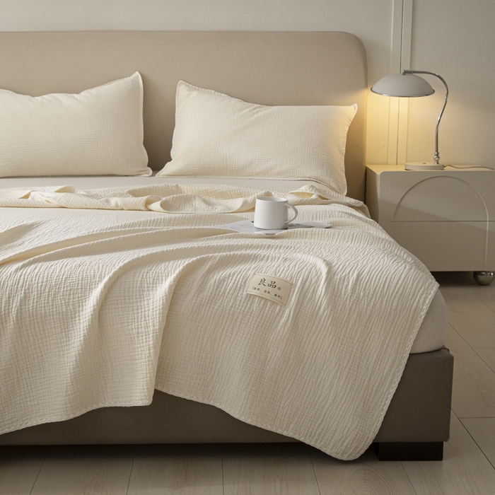 91家纺网 家纺一手货源 找家纺 博雅 2025新款全棉五层纱多功能盖毯 米白