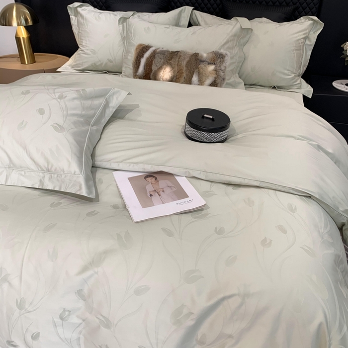 91家纺网 家纺一手货源 找家纺 莱豫 2025新款100支新疆阿克苏长绒棉提花四件套 郁金香绿