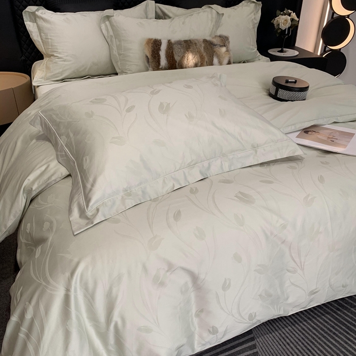 91家纺网 家纺一手货源 找家纺 莱豫 2025新款100支新疆阿克苏长绒棉提花四件套 郁金香绿