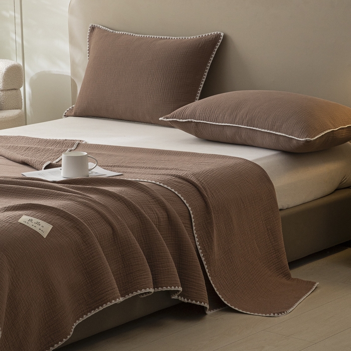 91家纺网 家纺一手货源 找家纺 博雅 2025新款全棉五层纱多功能盖毯 焦糖咖