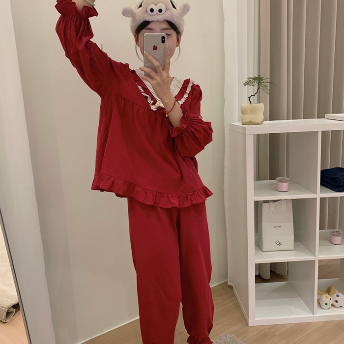 91家纺网 家纺一手货源 找家纺 （总）妍景家居生活馆 2025新款韩系V领蝴蝶结套装酒红家居服