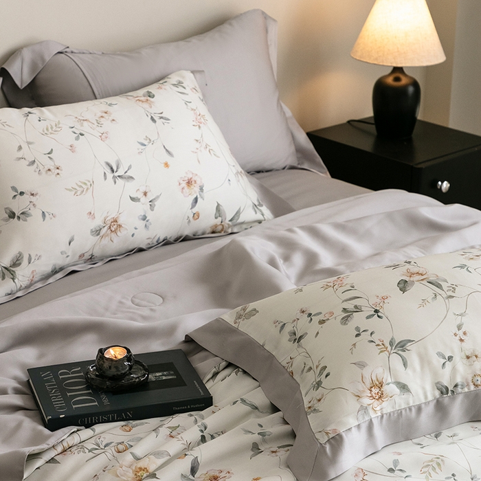 91家纺网 家纺一手货源 找家纺 立奥被业 2025年新款100%莱赛尔夏被莱赛尔夏被四件套天丝夏凉被 初妍-灰