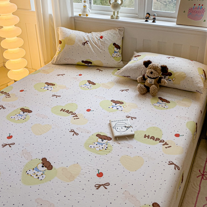 91家纺网 家纺一手货源 找家纺 仟人梦2025新款水洗棉印花床笠 快乐狗狗