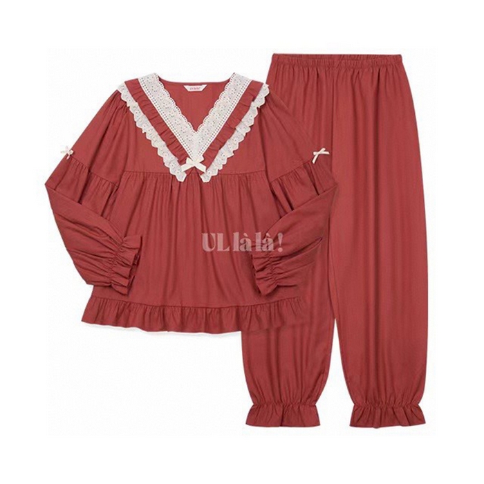 91家纺网 家纺一手货源 找家纺 （总）妍景家居生活馆 2025新款韩系V领蝴蝶结套装酒红家居服