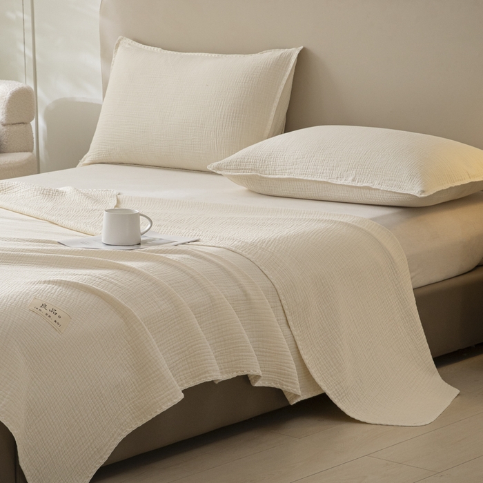 91家纺网 家纺一手货源 找家纺 博雅 2025新款全棉五层纱多功能盖毯 米白