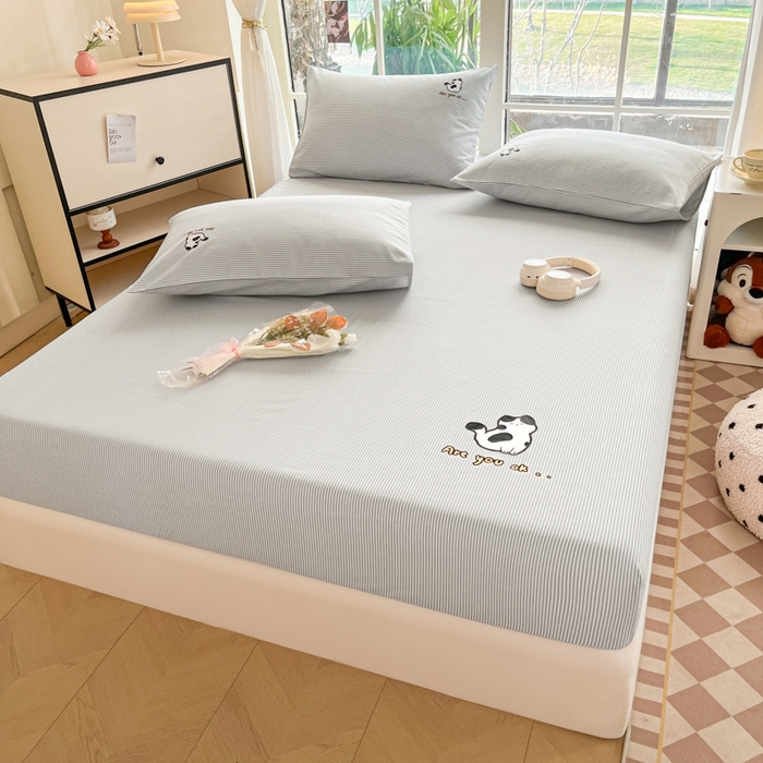 91家纺网 家纺一手货源 找家纺 博雅 2025新款全棉老粗布烫画床笠系列 淡海蓝-小花猫