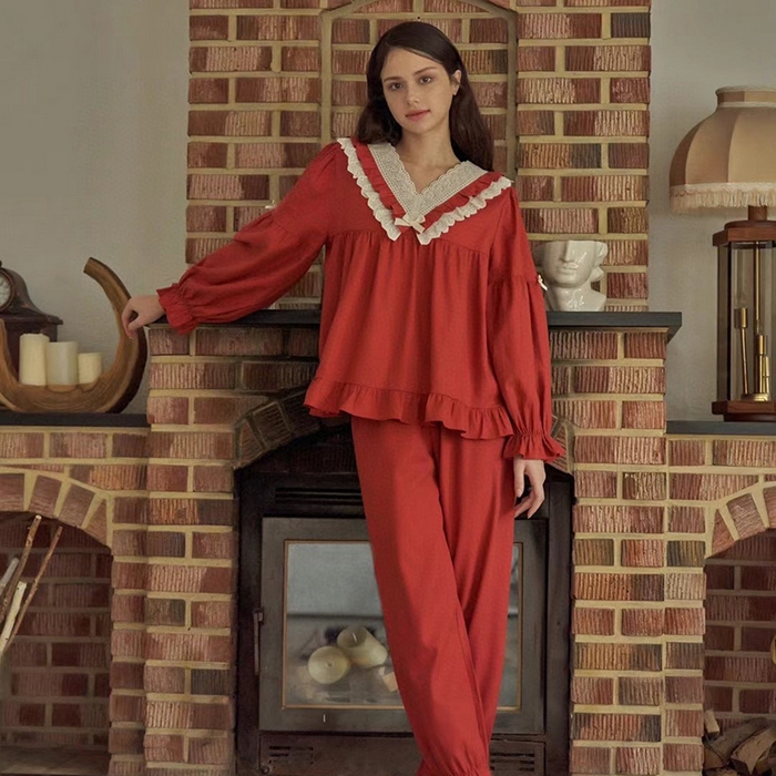 91家纺网 家纺一手货源 找家纺 （总）妍景家居生活馆 2025新款韩系V领蝴蝶结套装酒红家居服