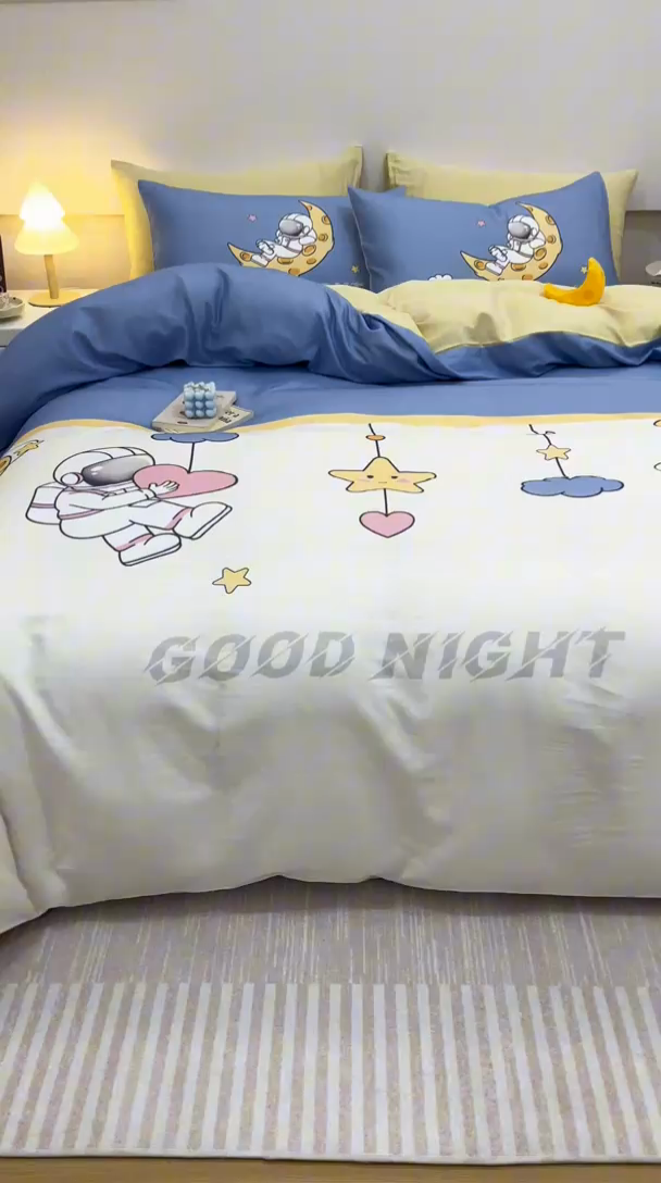 91家纺网 家纺一手货源 找家纺 馨语家居 2025新款全棉双层纱四件套 星球之旅