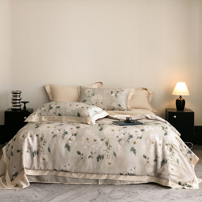 91家纺网 家纺一手货源 找家纺 立奥被业 2025年新款100%莱赛尔夏被莱赛尔夏被四件套天丝夏凉被 木兰花-金