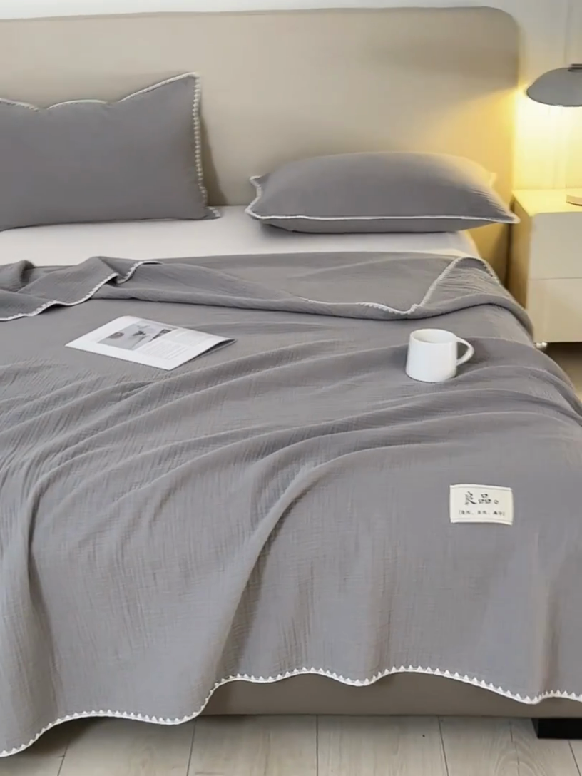 91家纺网 家纺一手货源 找家纺 博雅 2025新款全棉五层纱多功能盖毯 浅灰