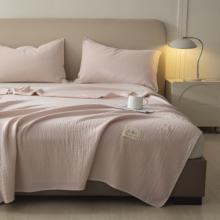 91家纺网 家纺一手货源 找家纺 博雅 2025新款全棉五层纱多功能盖毯 粉色