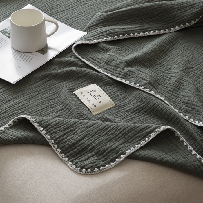 91家纺网 家纺一手货源 找家纺 博雅 2025新款全棉五层纱多功能盖毯 墨绿