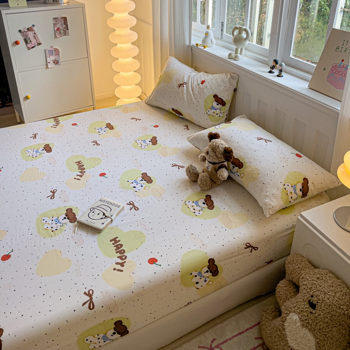 91家纺网 家纺一手货源 找家纺 仟人梦2025新款水洗棉印花床笠 快乐狗狗