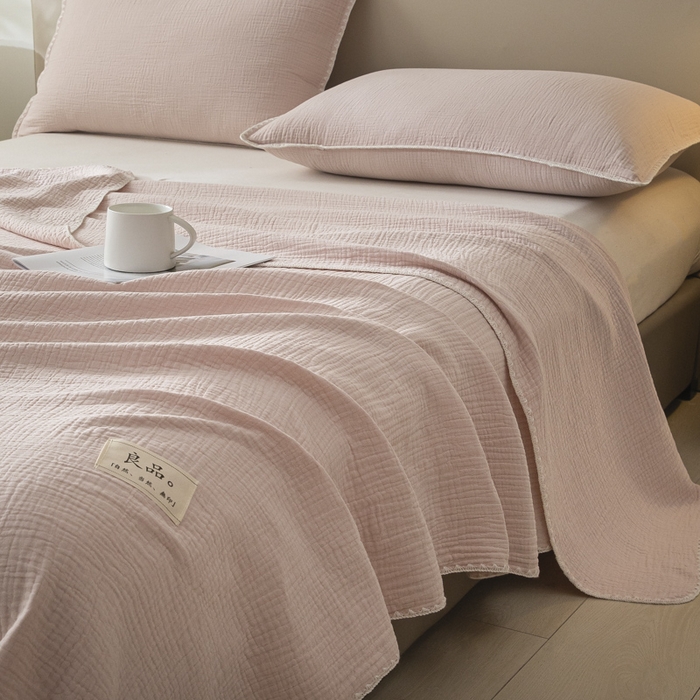 91家纺网 家纺一手货源 找家纺 博雅 2025新款全棉五层纱多功能盖毯 粉色