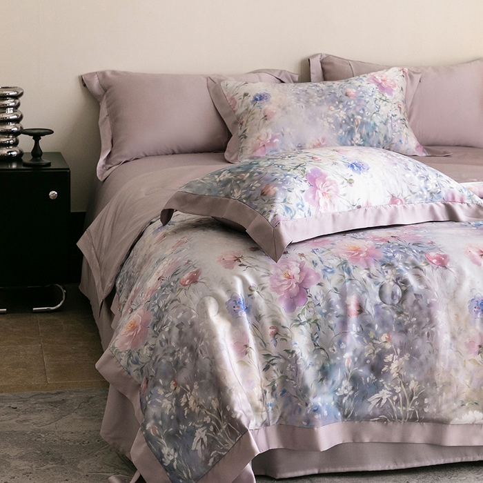 91家纺网 家纺一手货源 找家纺 立奥被业 2025年新款100%莱赛尔夏被莱赛尔夏被四件套天丝夏凉被 虞美人-紫