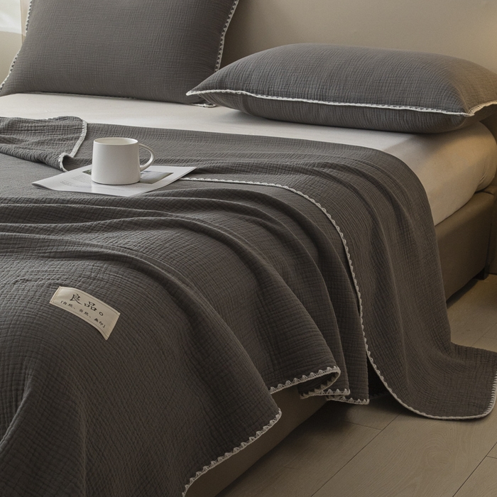 91家纺网 家纺一手货源 找家纺 博雅 2025新款全棉五层纱多功能盖毯 深灰