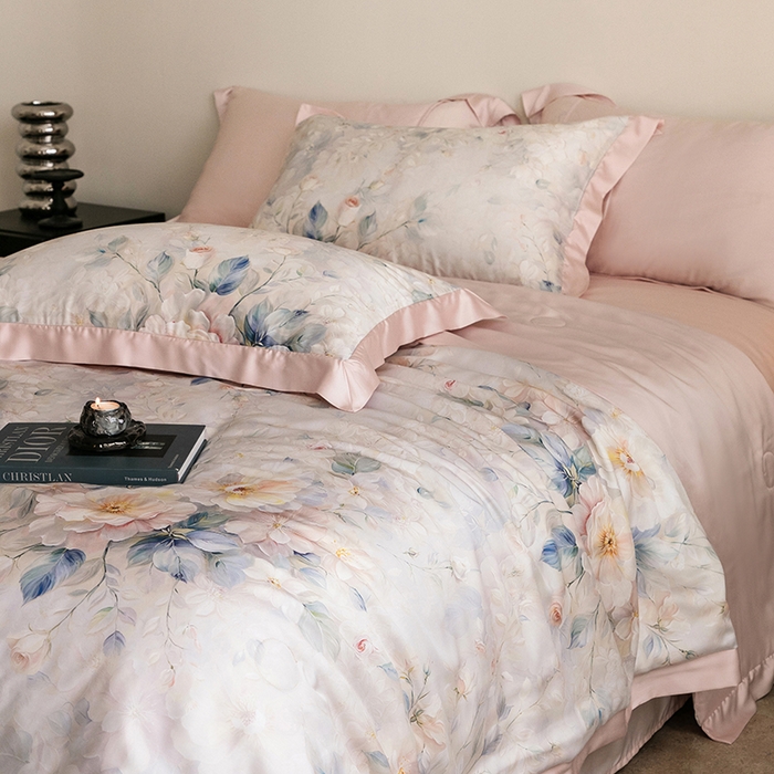 91家纺网 家纺一手货源 找家纺 立奥被业 2025年新款100%莱赛尔夏被莱赛尔夏被四件套天丝夏凉被 忆江南-粉