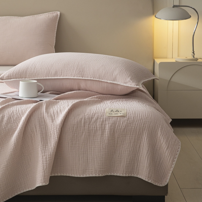 91家纺网 家纺一手货源 找家纺 博雅 2025新款全棉五层纱多功能盖毯 粉色