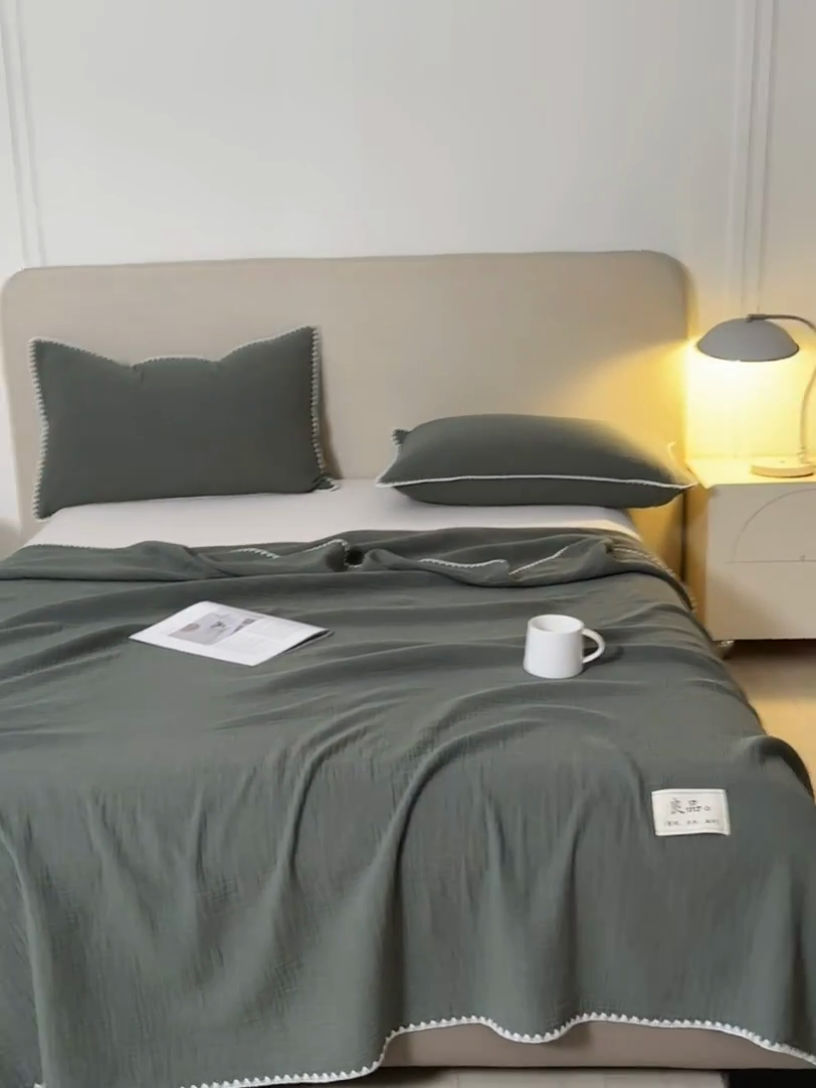 91家纺网 家纺一手货源 找家纺 博雅 2025新款全棉五层纱多功能盖毯 墨绿