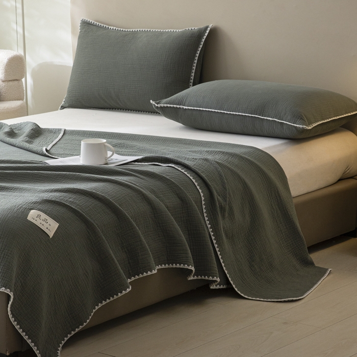 91家纺网 家纺一手货源 找家纺 博雅 2025新款全棉五层纱多功能盖毯 墨绿