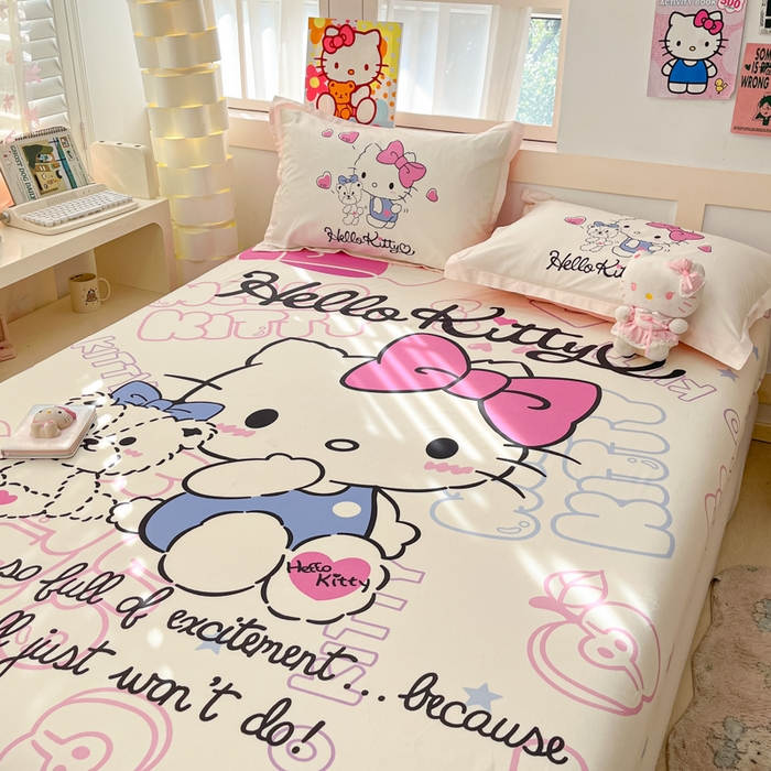 91家纺网 家纺一手货源 找家纺 博雅 2025新款三丽鸥全棉大版床笠-第二批 漫画KT猫