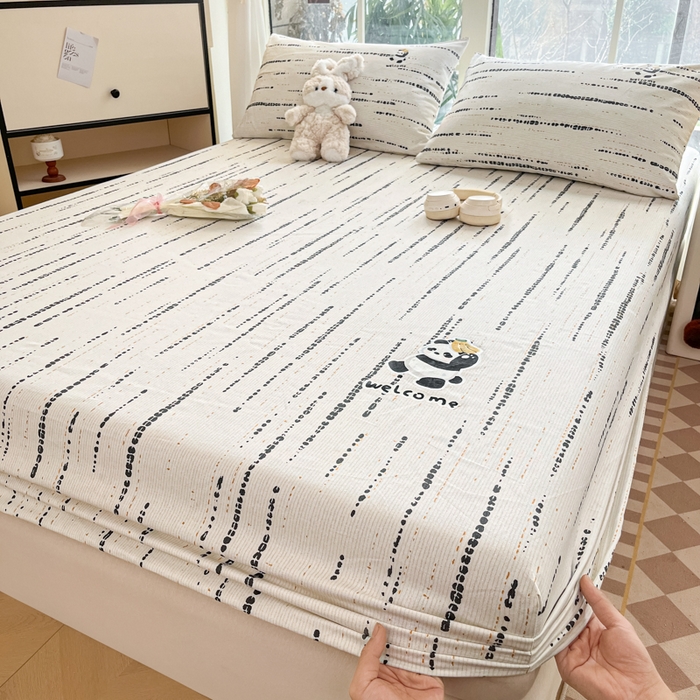 91家纺网 家纺一手货源 找家纺 博雅 2025新款全棉老粗布烫画床笠系列 纹理-香蕉熊猫