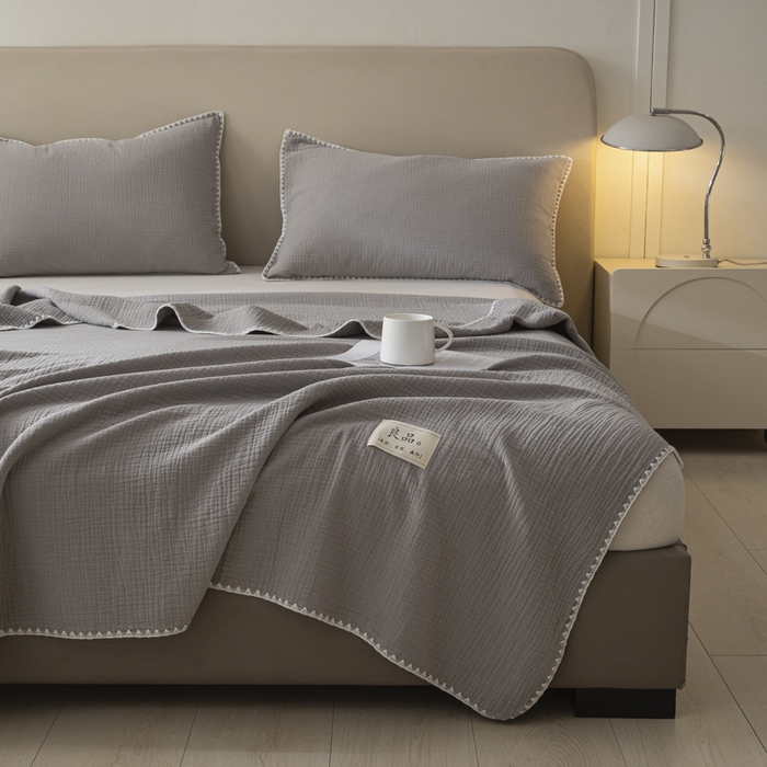 91家纺网 家纺一手货源 找家纺 博雅 2025新款全棉五层纱多功能盖毯 浅灰