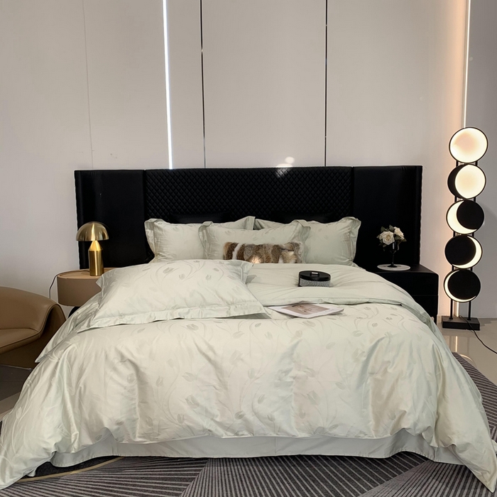 91家纺网 家纺一手货源 找家纺 莱豫 2025新款100支新疆阿克苏长绒棉提花四件套 郁金香绿