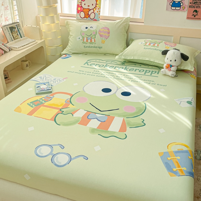 91家纺网 家纺一手货源 找家纺 博雅 2025新款三丽鸥全棉大版床笠-第二批 开心大眼蛙