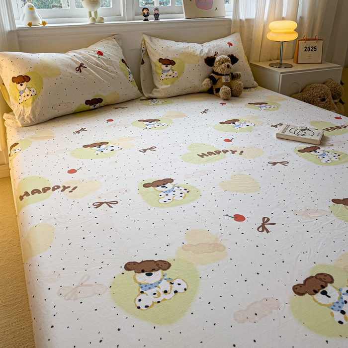 91家纺网 家纺一手货源 找家纺 仟人梦2025新款水洗棉印花床笠 快乐狗狗