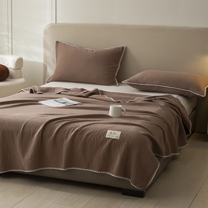 91家纺网 家纺一手货源 找家纺 博雅 2025新款全棉五层纱多功能盖毯 焦糖咖