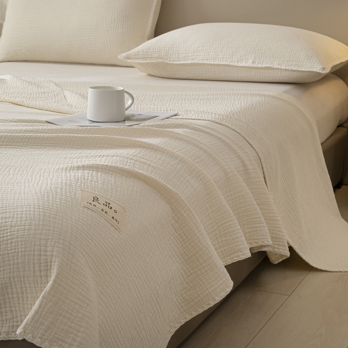 91家纺网 家纺一手货源 找家纺 博雅 2025新款全棉五层纱多功能盖毯 米白