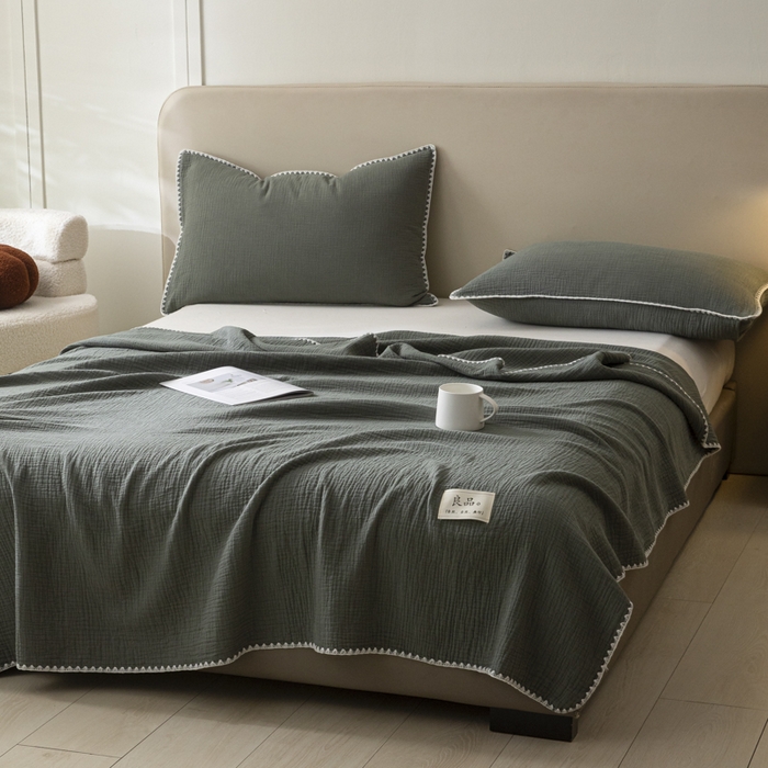 91家纺网 家纺一手货源 找家纺 博雅 2025新款全棉五层纱多功能盖毯 墨绿