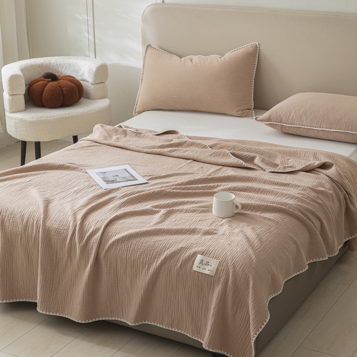 91家纺网 家纺一手货源 找家纺 博雅 2025新款全棉五层纱多功能盖毯 豆沙