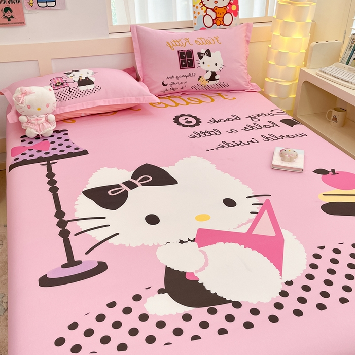 91家纺网 家纺一手货源 找家纺 博雅 2025新款三丽鸥全棉大版床笠-第二批 学习KT猫