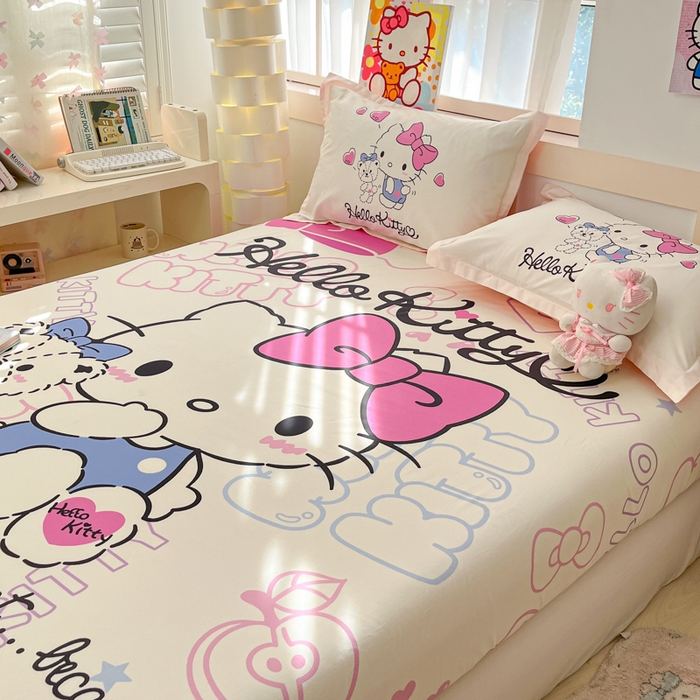 91家纺网 家纺一手货源 找家纺 博雅 2025新款三丽鸥全棉大版床笠-第二批 漫画KT猫