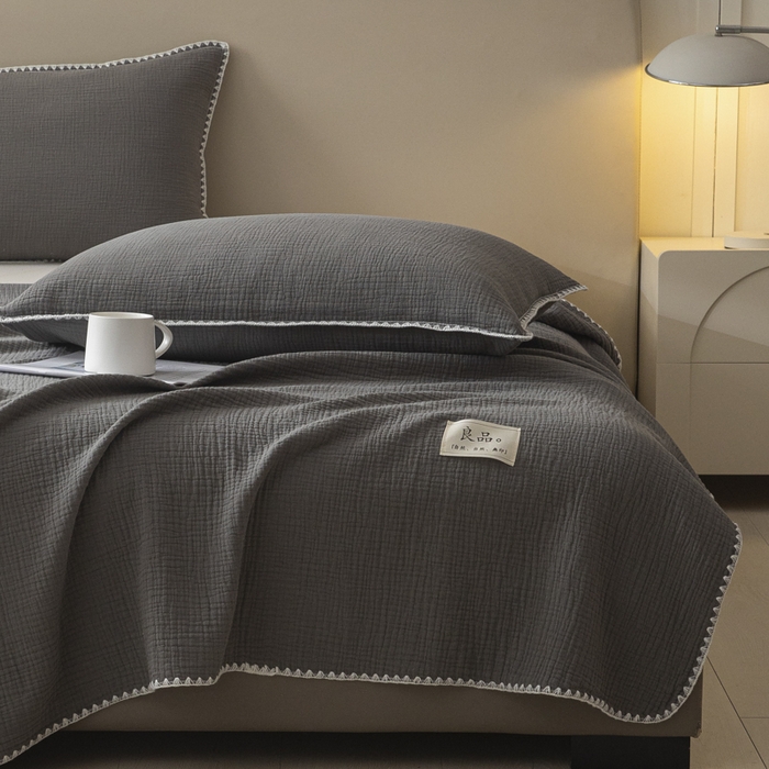 91家纺网 家纺一手货源 找家纺 博雅 2025新款全棉五层纱多功能盖毯 深灰