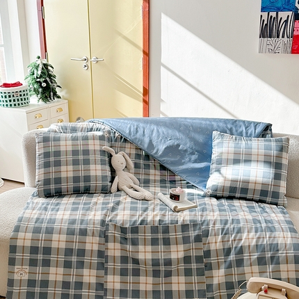 多米家居 2025新款全棉口袋印花抱枕被 格调-蓝