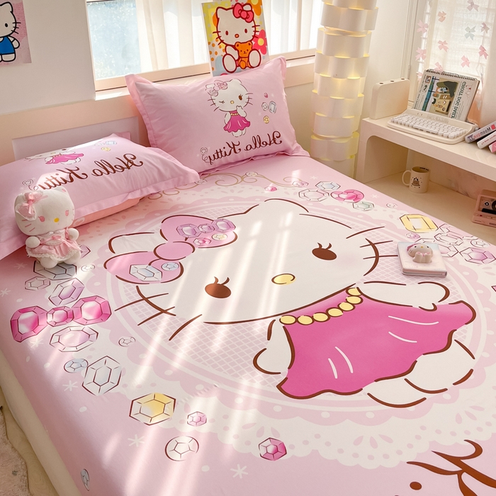 91家纺网 家纺一手货源 找家纺 博雅 2025新款三丽鸥全棉大版床笠-第二批 花花KT猫