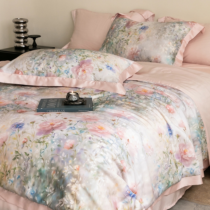 91家纺网 家纺一手货源 找家纺 立奥被业 2025年新款100%莱赛尔夏被莱赛尔夏被四件套天丝夏凉被 虞美人-粉