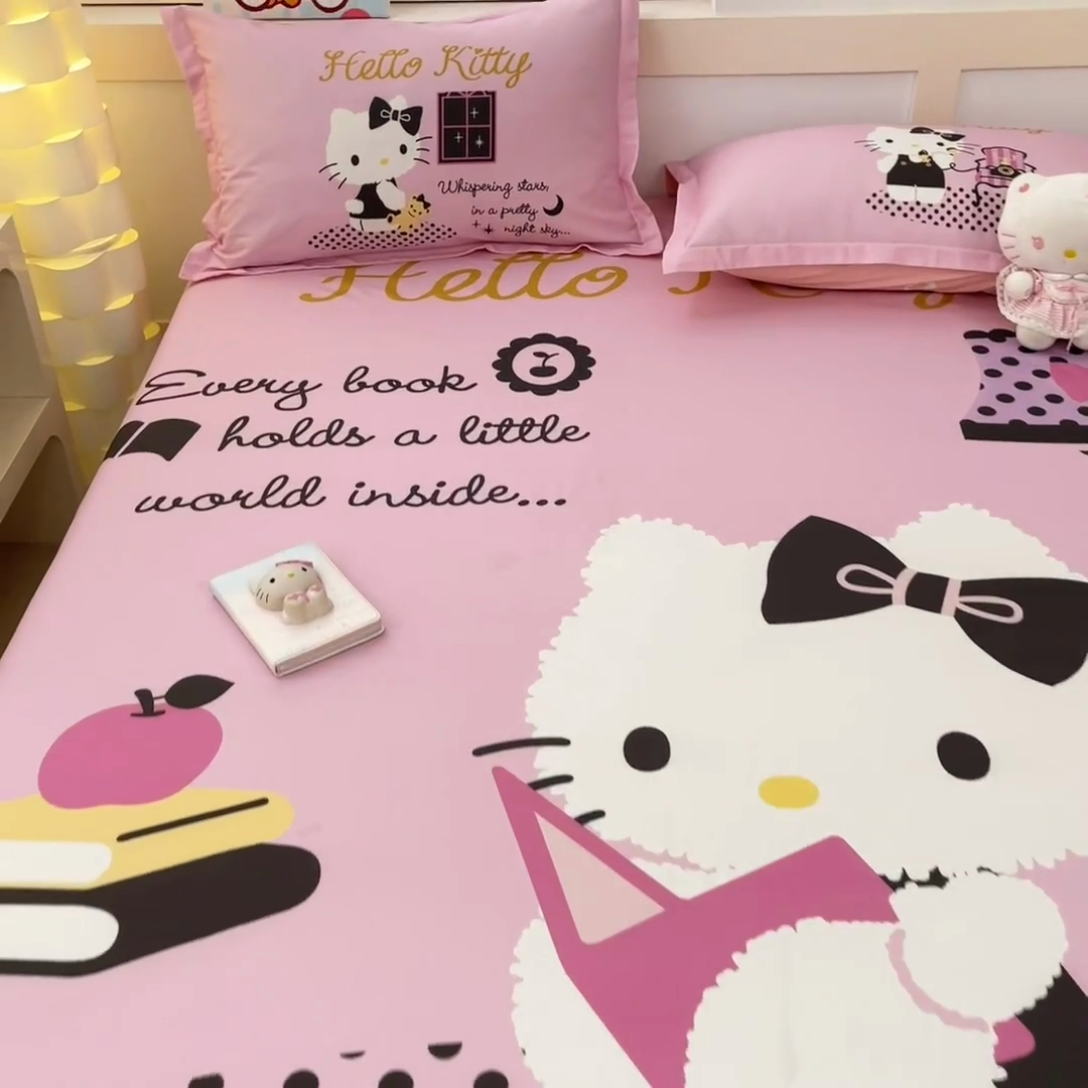 91家纺网 家纺一手货源 找家纺 博雅 2025新款三丽鸥全棉大版床笠-第二批 学习KT猫