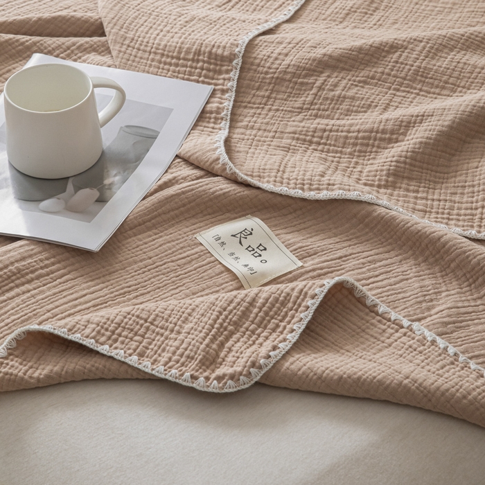 91家纺网 家纺一手货源 找家纺 博雅 2025新款全棉五层纱多功能盖毯 豆沙