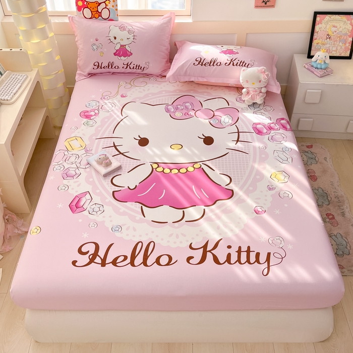 91家纺网 家纺一手货源 找家纺 博雅 2025新款三丽鸥全棉大版床笠-第二批 花花KT猫