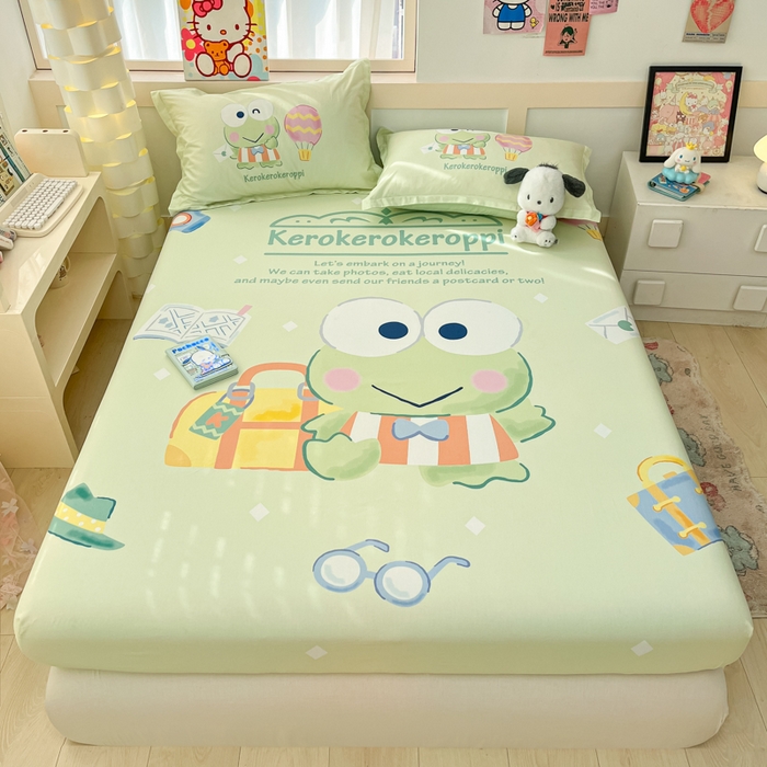 91家纺网 家纺一手货源 找家纺 博雅 2025新款三丽鸥全棉大版床笠-第二批 开心大眼蛙